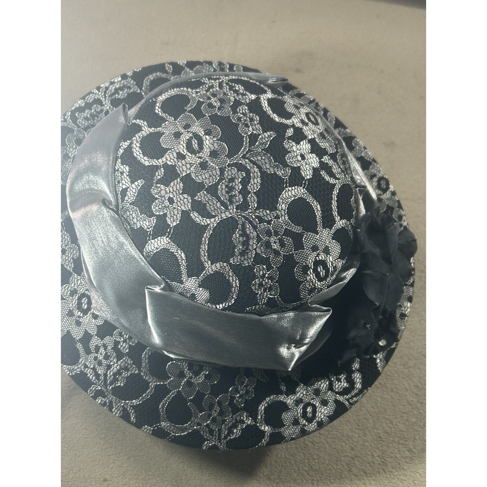 Whittall & Shon Black Silver Lace Church Derby Hat Wide Brim Floral Bow - Picture 5 of 9